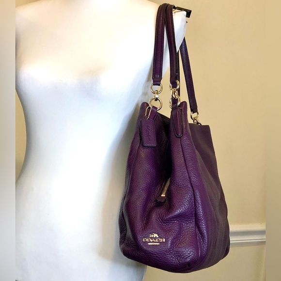 COACH Madison Phoebe Tumbled Purple Leather Purple Lining 3 Section Shoulder Bag - Picture 2 of 16